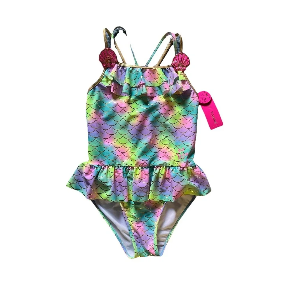 Betsey‎ Johnson Swimsuit Girls Sz 10 Mermaid Rainbow Ruffles Seashells One Piece